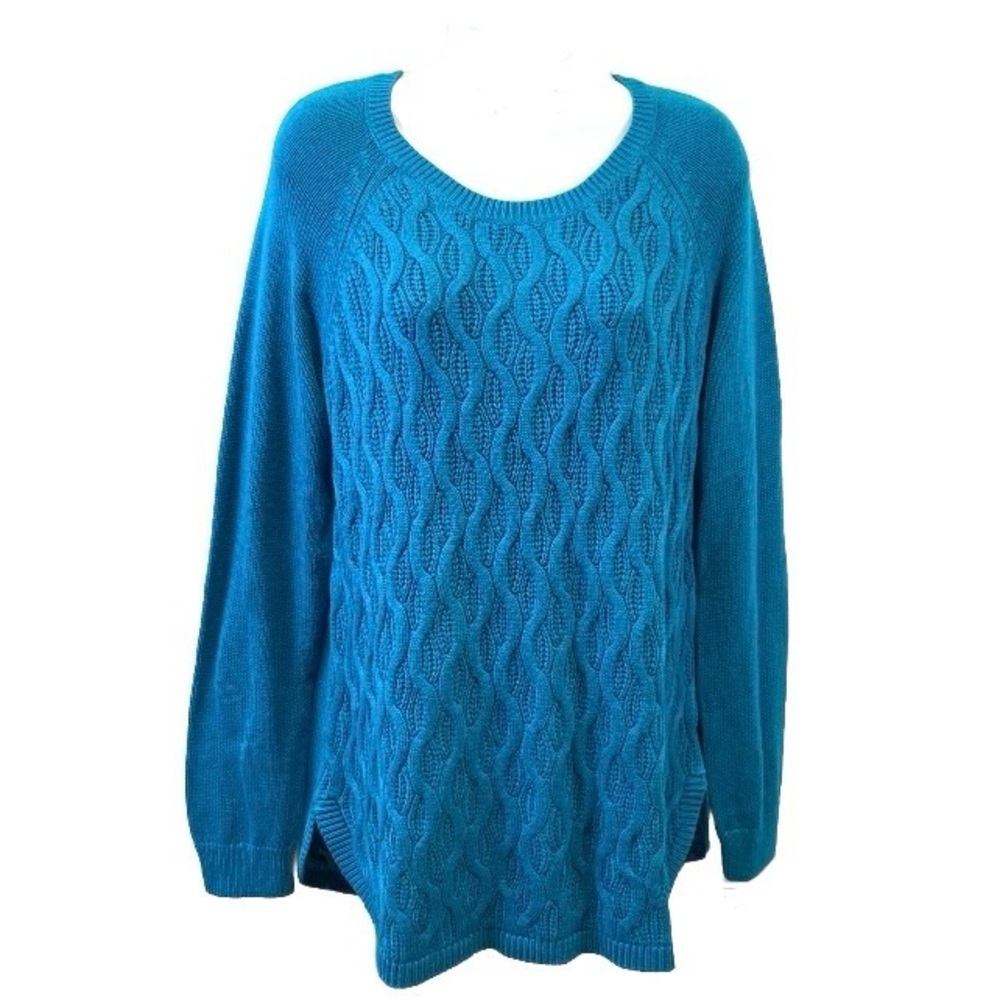 Arpeggio Knitwear Womens Sweater Teal Pull Over Cable Knit Cotton Blend Sz M